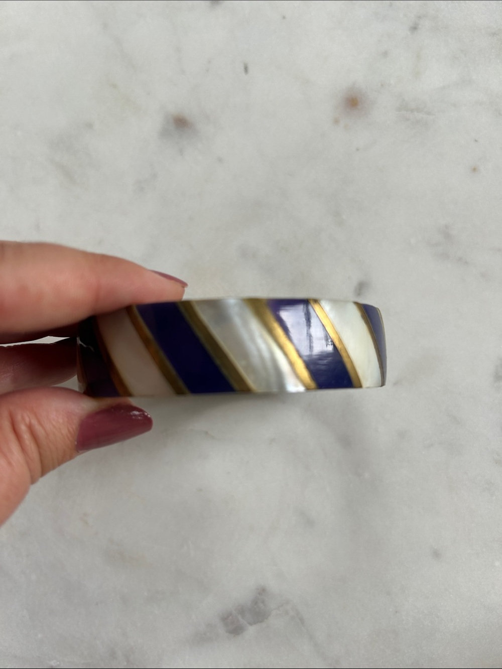 Vintage Brass Bangle With Navy Lapis Lazuli & Mother of Perl Stripe Inlay